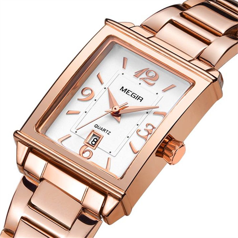MEGIR 1079 women's watch, rose-gold rectangular case and bracelet with a white dial, three-quarter view