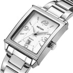MEGIR 1079 women's watch, silver-tone rectangular case and bracelet with a white numeral dial, three-quarter view