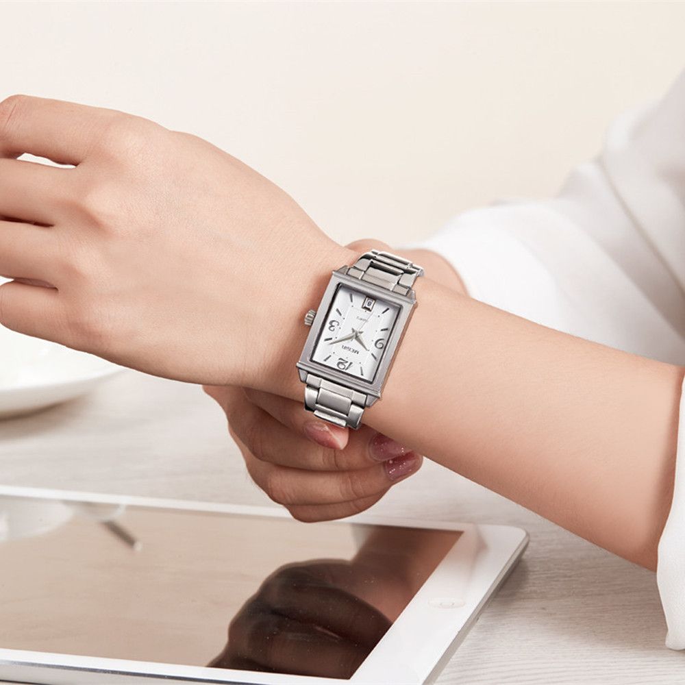 MEGIR 1079 women's watch on the wrist, silver-tone rectangular case and bracelet with a white numeral dial