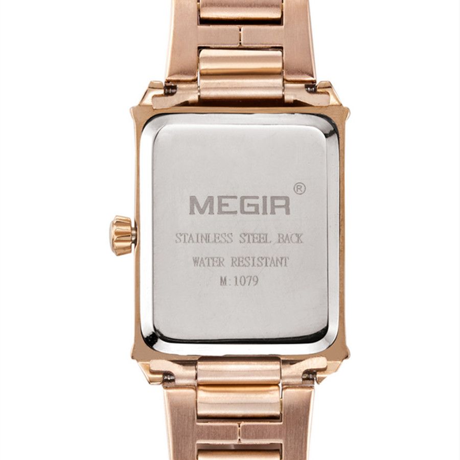 MEGIR 1079 women's watch rose-gold case back close-up shown from the reverse