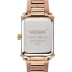 MEGIR 1079 women's watch rose-gold case back close-up shown from the reverse