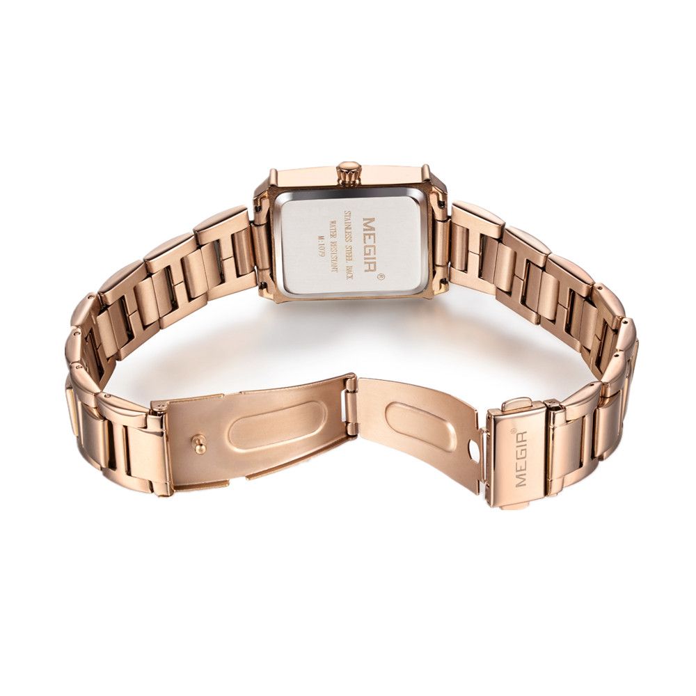 MEGIR 1079 women's watch rose-gold case back and folding clasp shown from the reverse