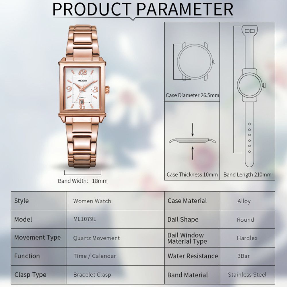 MEGIR 1079 women's watch parameters graphic with case diameter, thickness and band dimensions