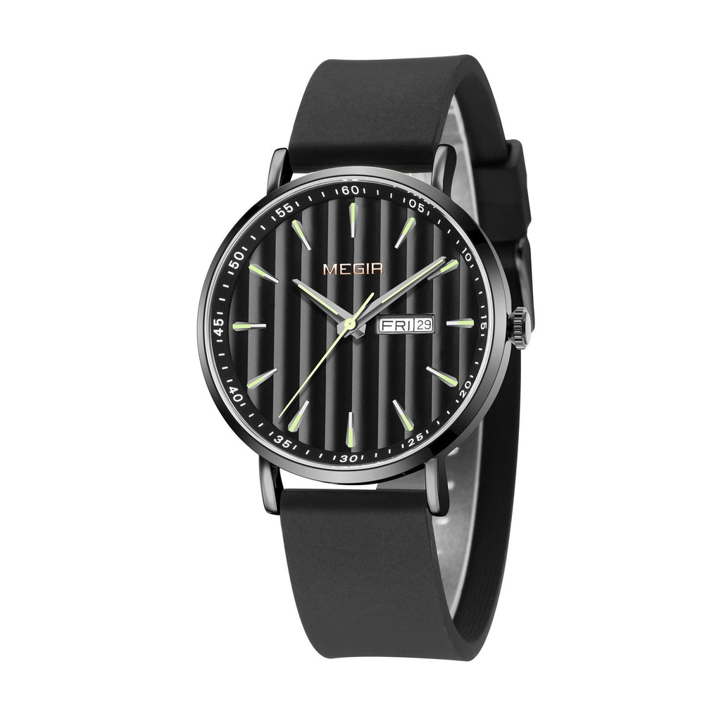 MEGIR 1081 men's watch, black fluted dial and all-black case on a black strap, angled studio view