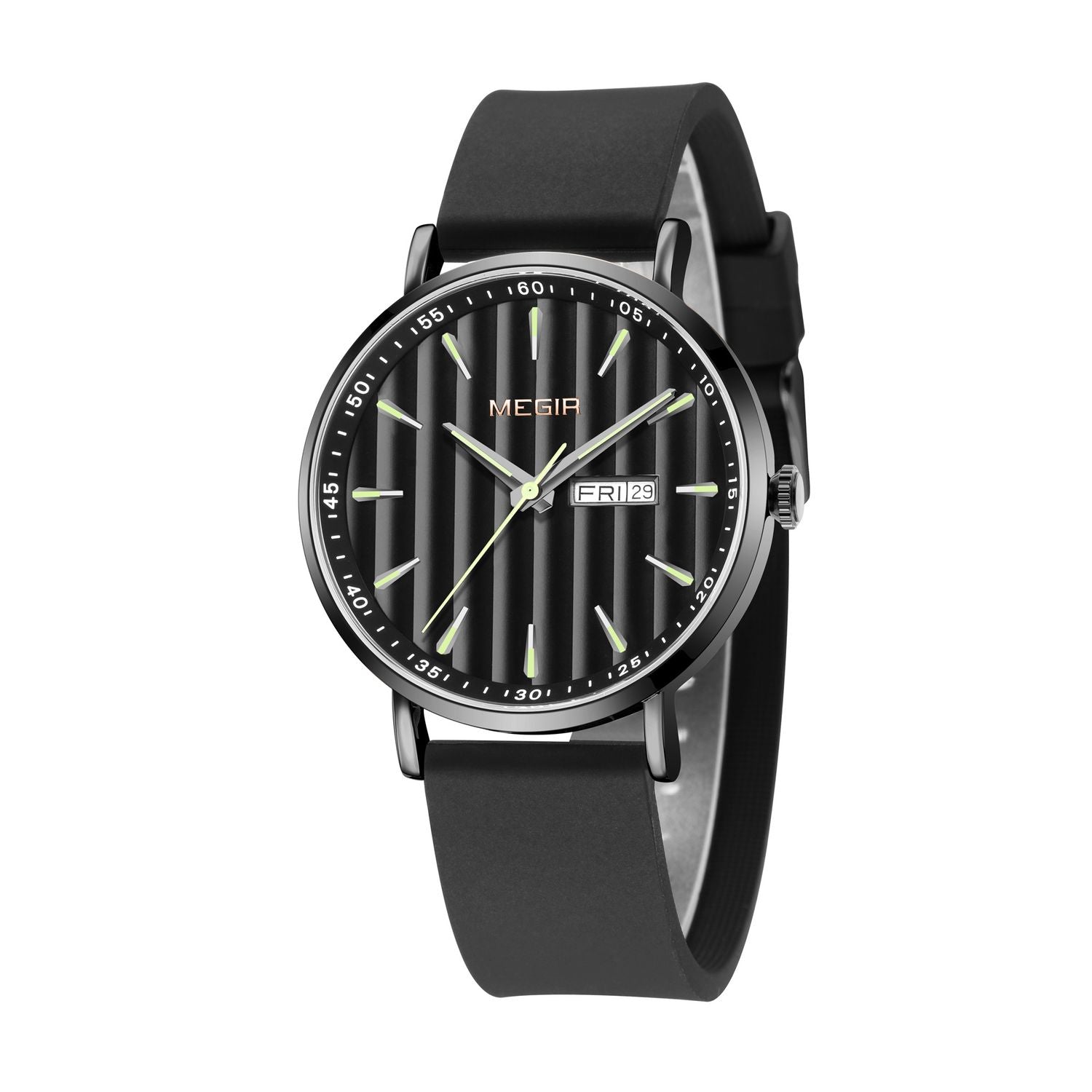 MEGIR 1081 men's watch, black fluted dial and all-black case on a black strap, angled studio view