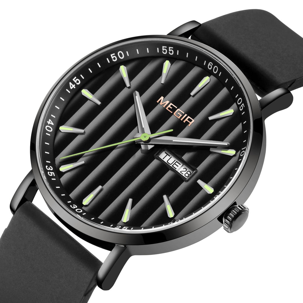 MEGIR 1081 men's watch, black fluted dial with day-date window, all-black case and strap, three-quarter view