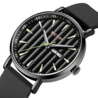 MEGIR 1081 men's watch, black fluted dial with day-date window, all-black case and strap, three-quarter view