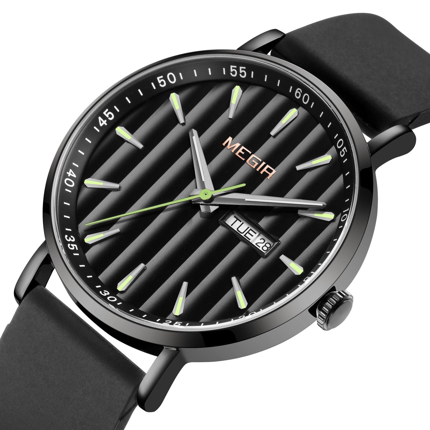 MEGIR 1081 men's watch, black fluted dial with day-date window, all-black case and strap, three-quarter view