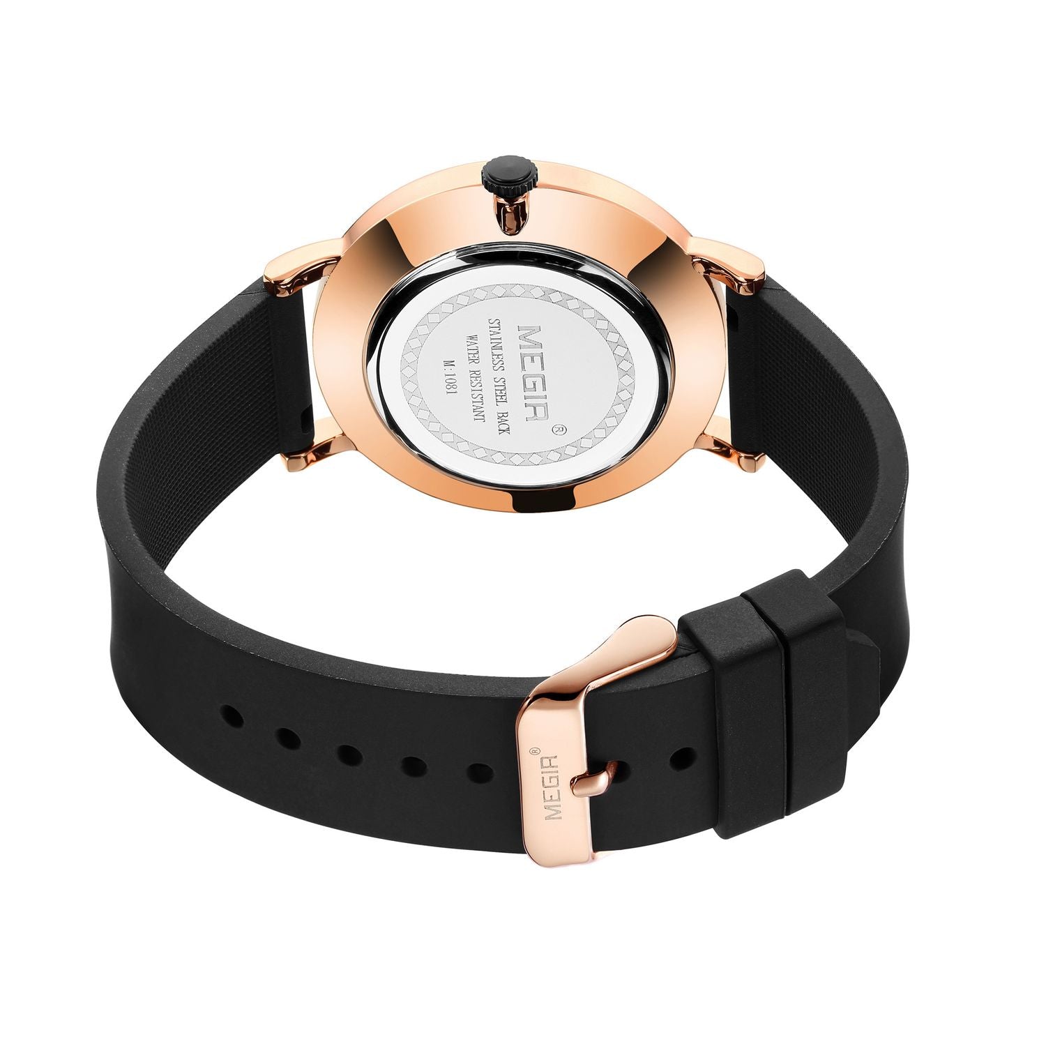 MEGIR 1081 men's watch rose-gold case back and buckle shown from the reverse over a black strap