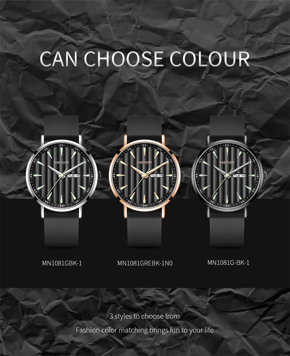 MEGIR 1081 men's watch shown in silver-tone, rose-gold and black cases, each with a black fluted dial