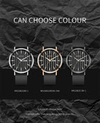 MEGIR 1081 men's watch shown in silver-tone, rose-gold and black cases, each with a black fluted dial