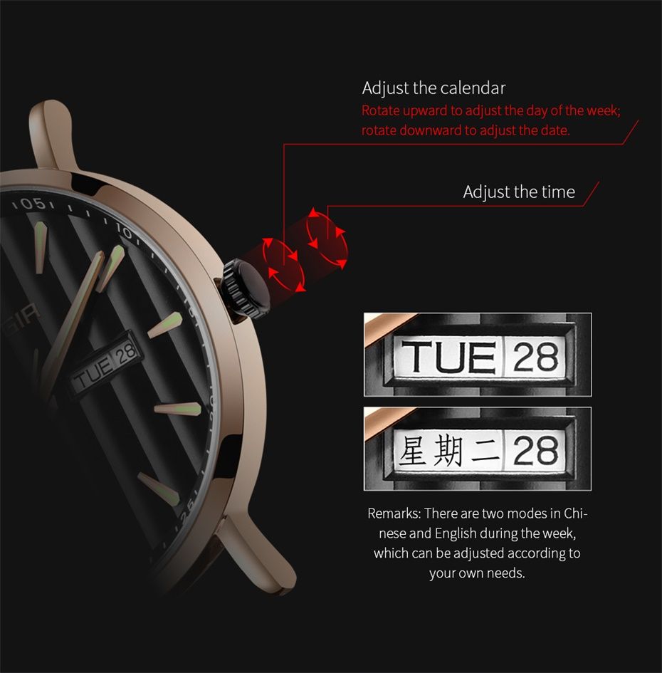 MEGIR 1081 men's watch graphic showing how the crown adjusts the day-of-week and date calendar