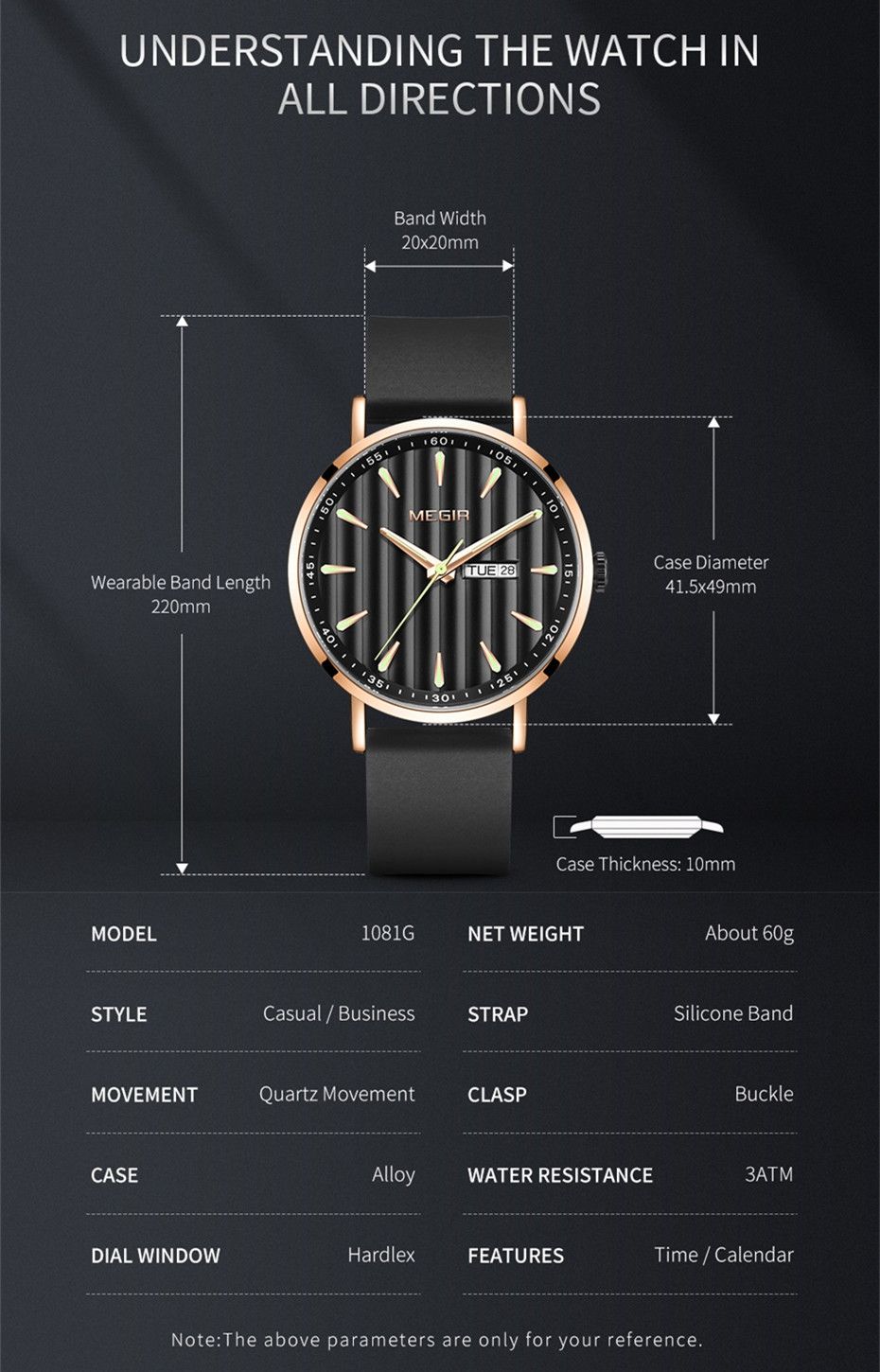MEGIR 1081 men's watch product size graphic with case, band width and thickness dimensions