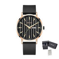 MEGIR 1081 men's watch, black fluted dial with day-date window, rose-gold case on a black silicone strap, front view