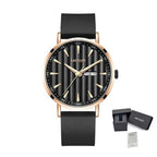 MEGIR 1081 men's watch, black fluted dial with day-date window, rose-gold case on a black silicone strap, front view
