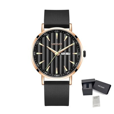 MEGIR 1081 men's watch, black fluted dial with day-date window, rose-gold case on a black silicone strap, front view