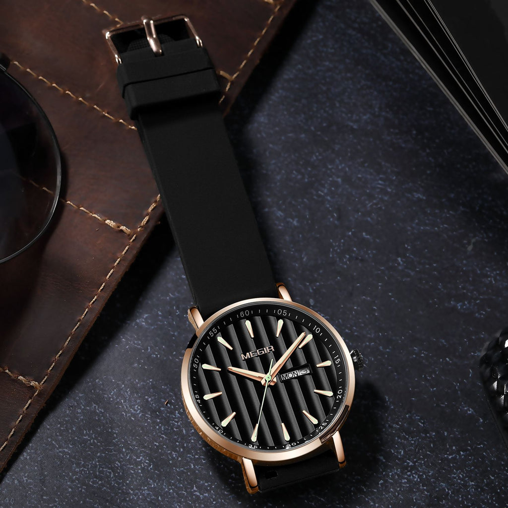 MEGIR 1081 men's watch, black fluted dial with day-date window, rose-gold case and black strap, styled scene