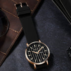 MEGIR 1081 men's watch, black fluted dial with day-date window, rose-gold case and black strap, styled scene