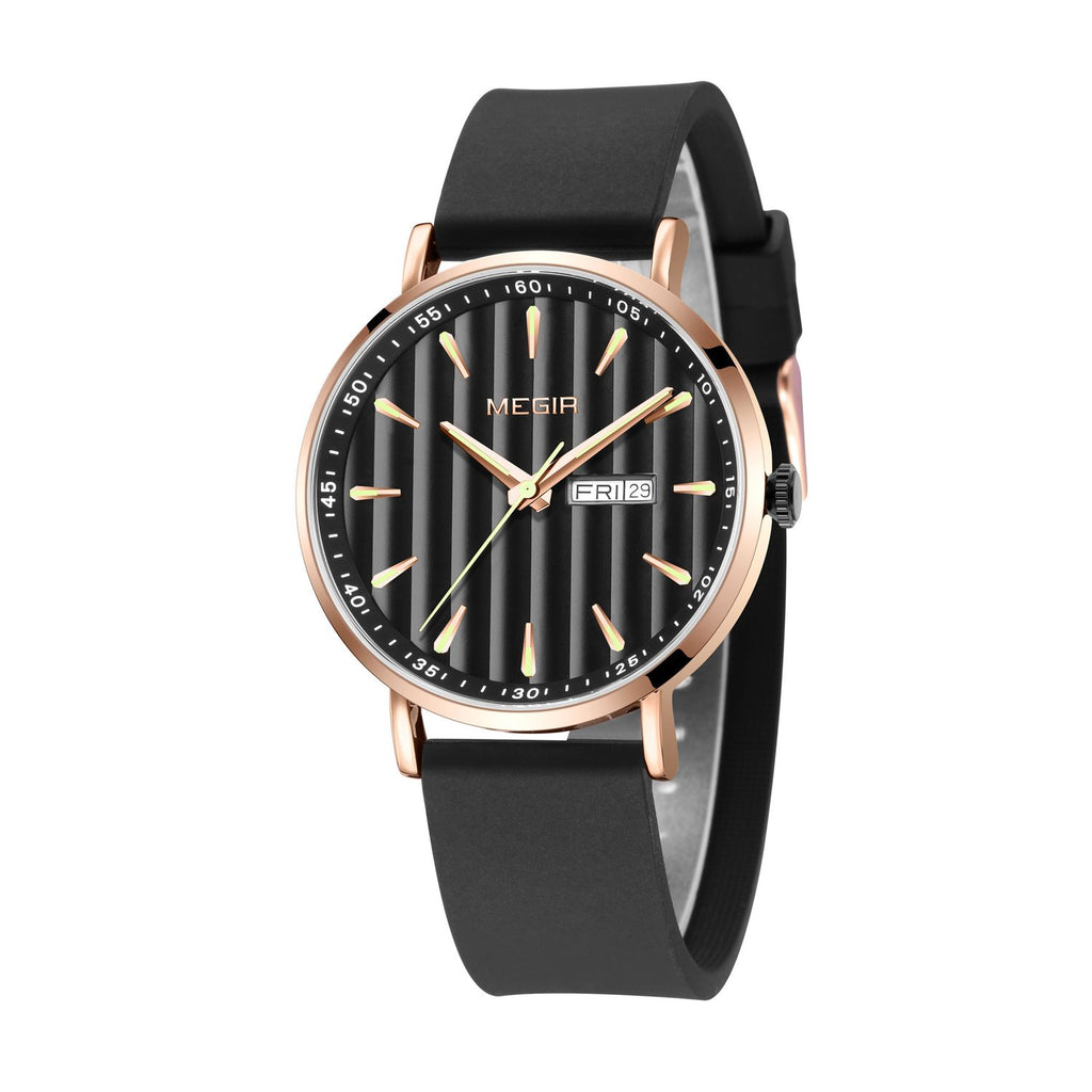 MEGIR 1081 men's watch, black fluted dial and rose-gold case on a black strap, angled studio view