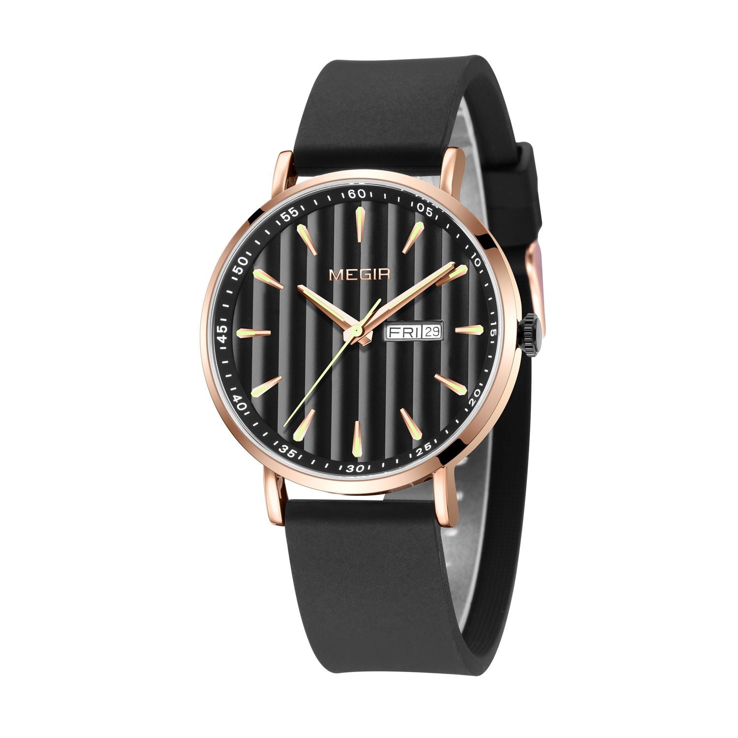 MEGIR 1081 men's watch, black fluted dial and rose-gold case on a black strap, angled studio view