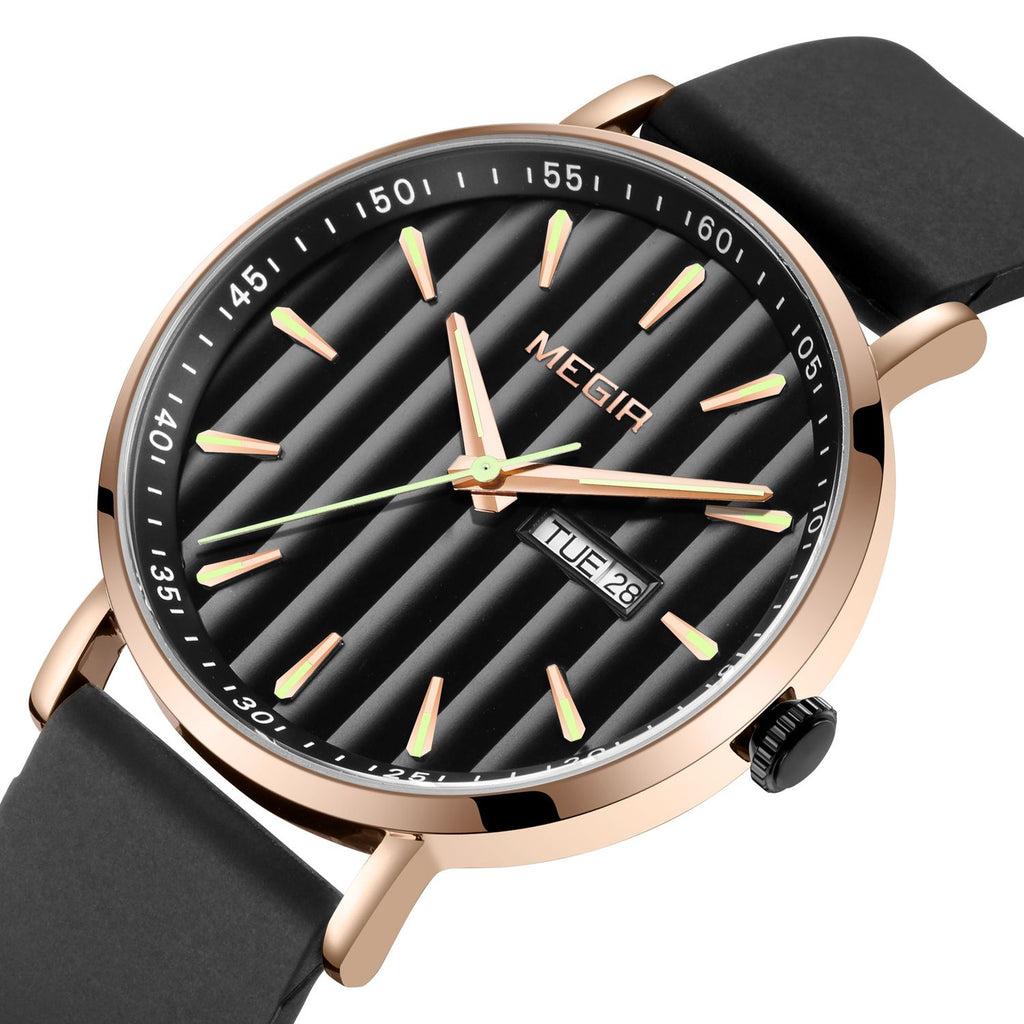 MEGIR 1081 men's watch, black fluted dial with day-date window, rose-gold case and black strap, three-quarter view