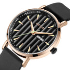 MEGIR 1081 men's watch, black fluted dial with day-date window, rose-gold case and black strap, three-quarter view