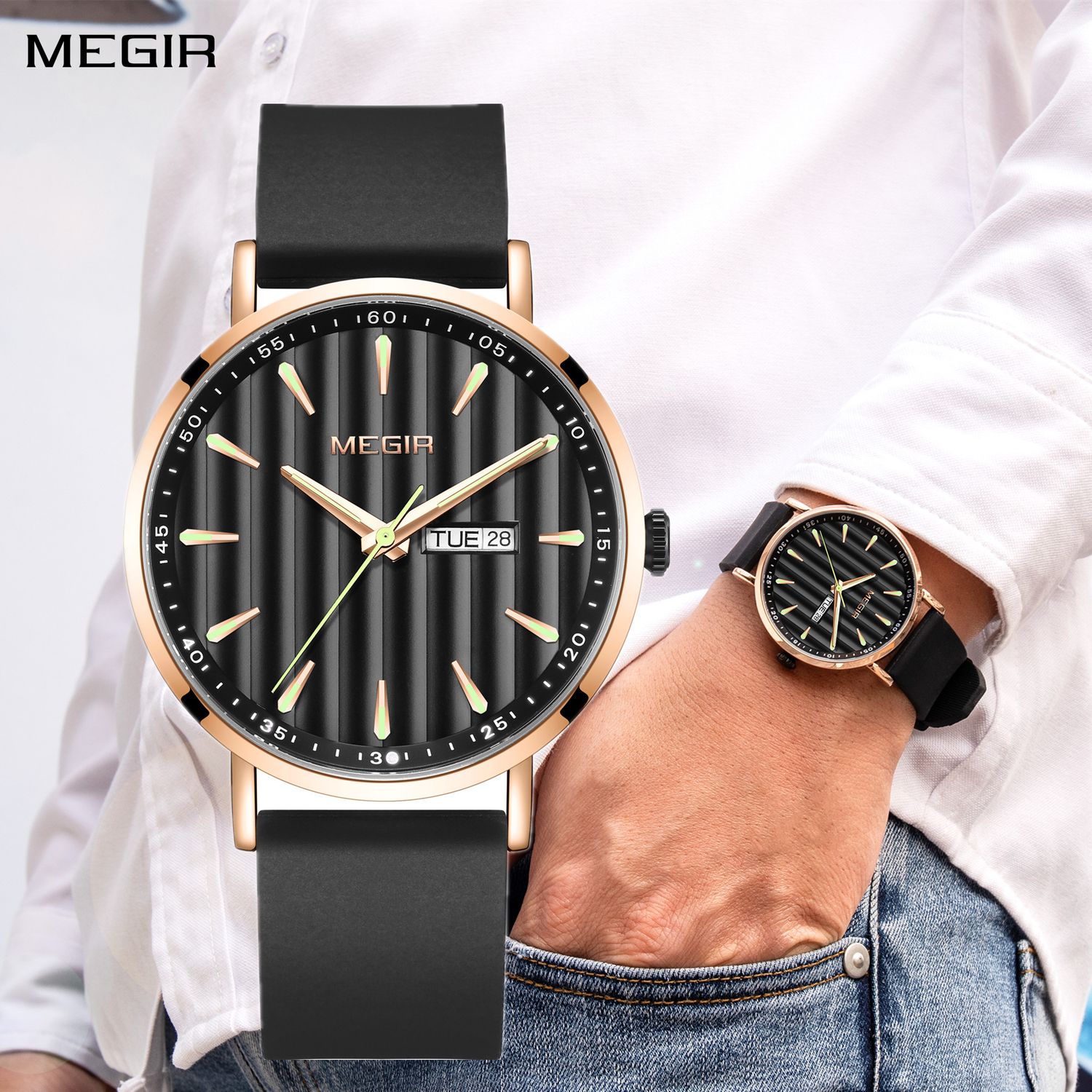 MEGIR 1081 men's watch on the wrist, black fluted dial with day-date window, rose-gold case and black strap