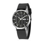 MEGIR 1081 men's watch, black fluted dial and silver-tone case on a black strap, angled studio view