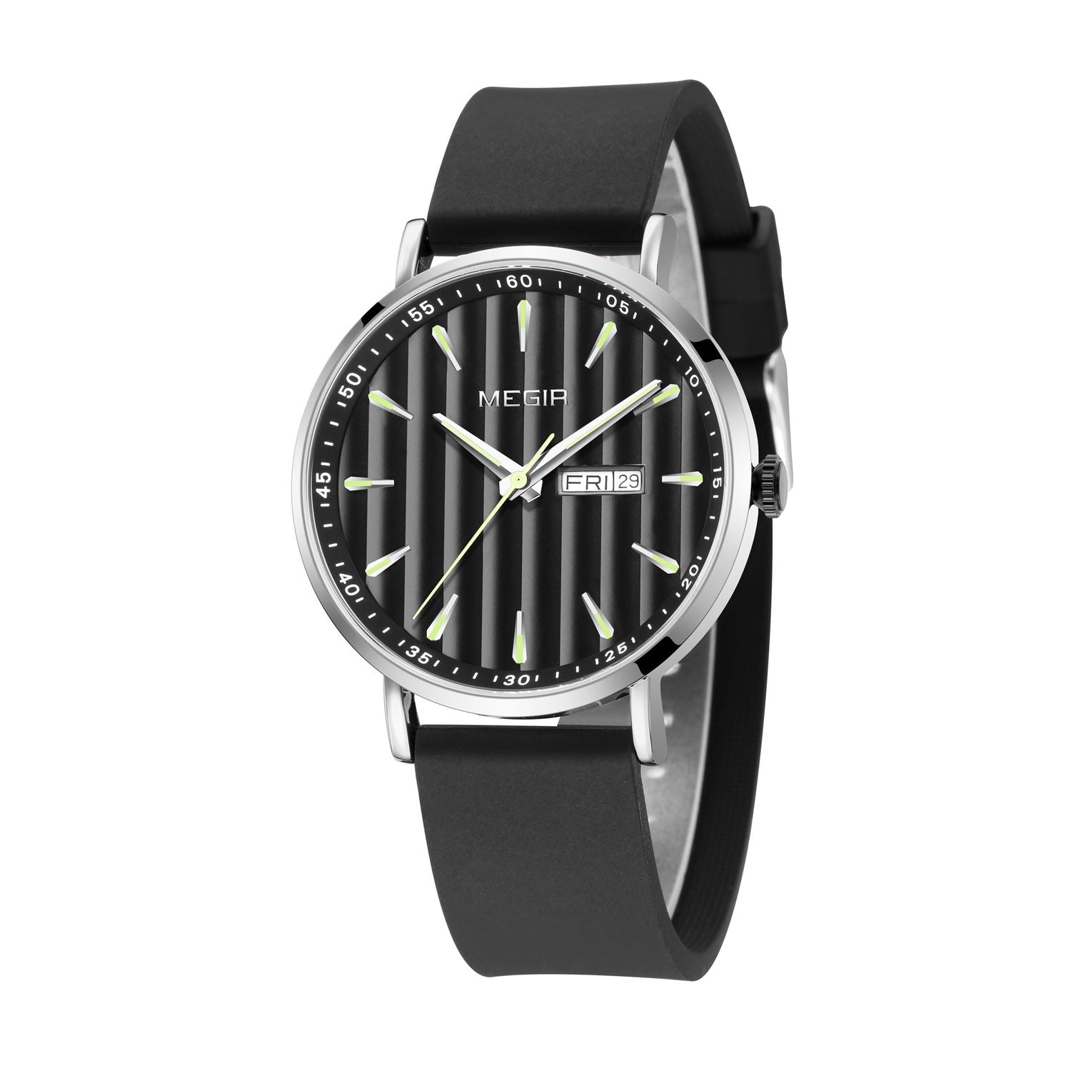 MEGIR 1081 men's watch, black fluted dial and silver-tone case on a black strap, angled studio view