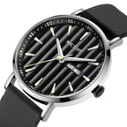 MEGIR 1081 men's watch, black fluted dial with day-date window, silver-tone case and black strap, three-quarter view