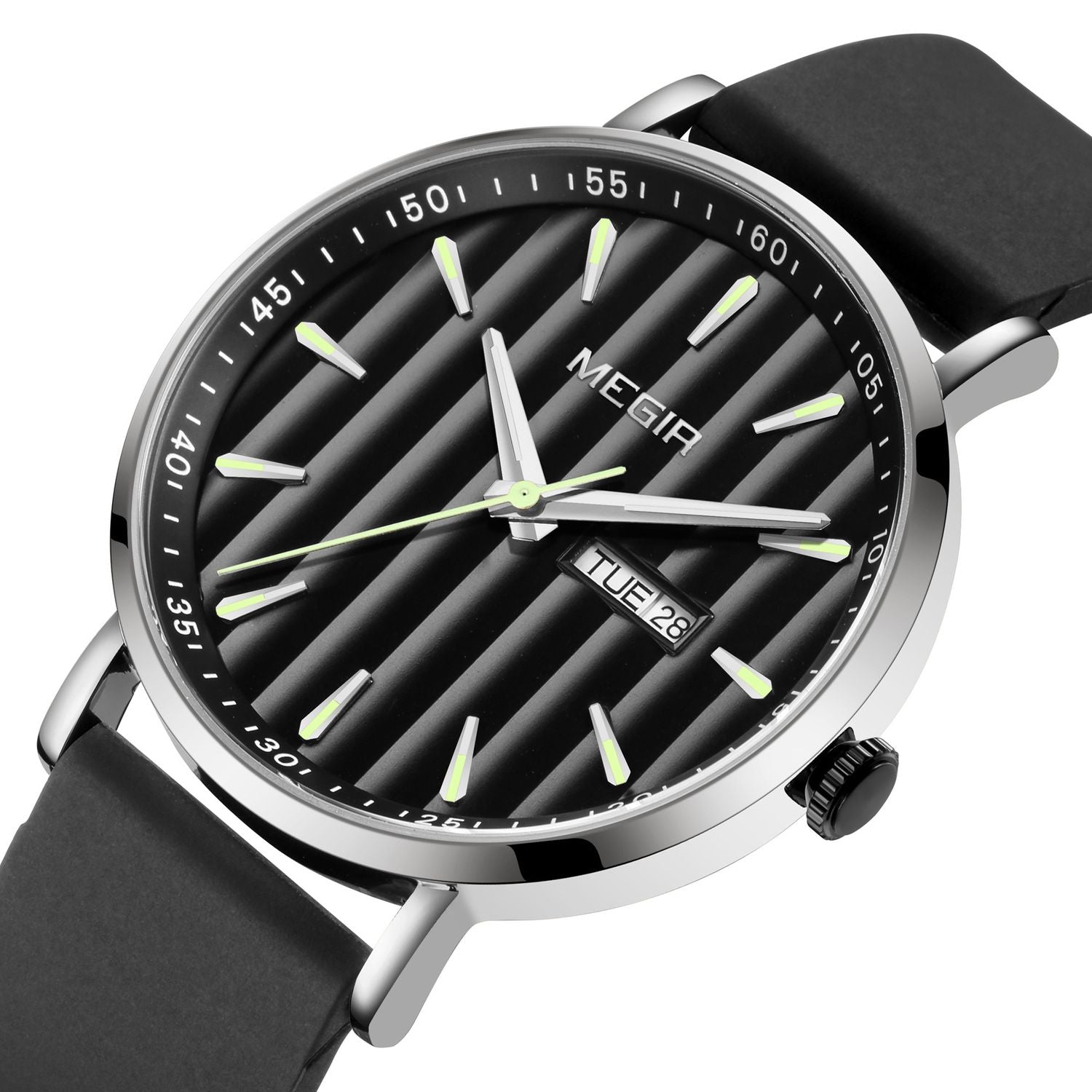 MEGIR 1081 men's watch, black fluted dial with day-date window, silver-tone case and black strap, three-quarter view