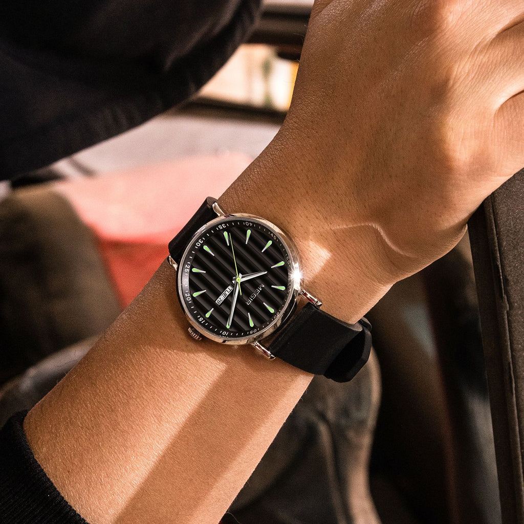 MEGIR 1081 men's watch on the wrist, black fluted dial, silver-tone case and black silicone strap