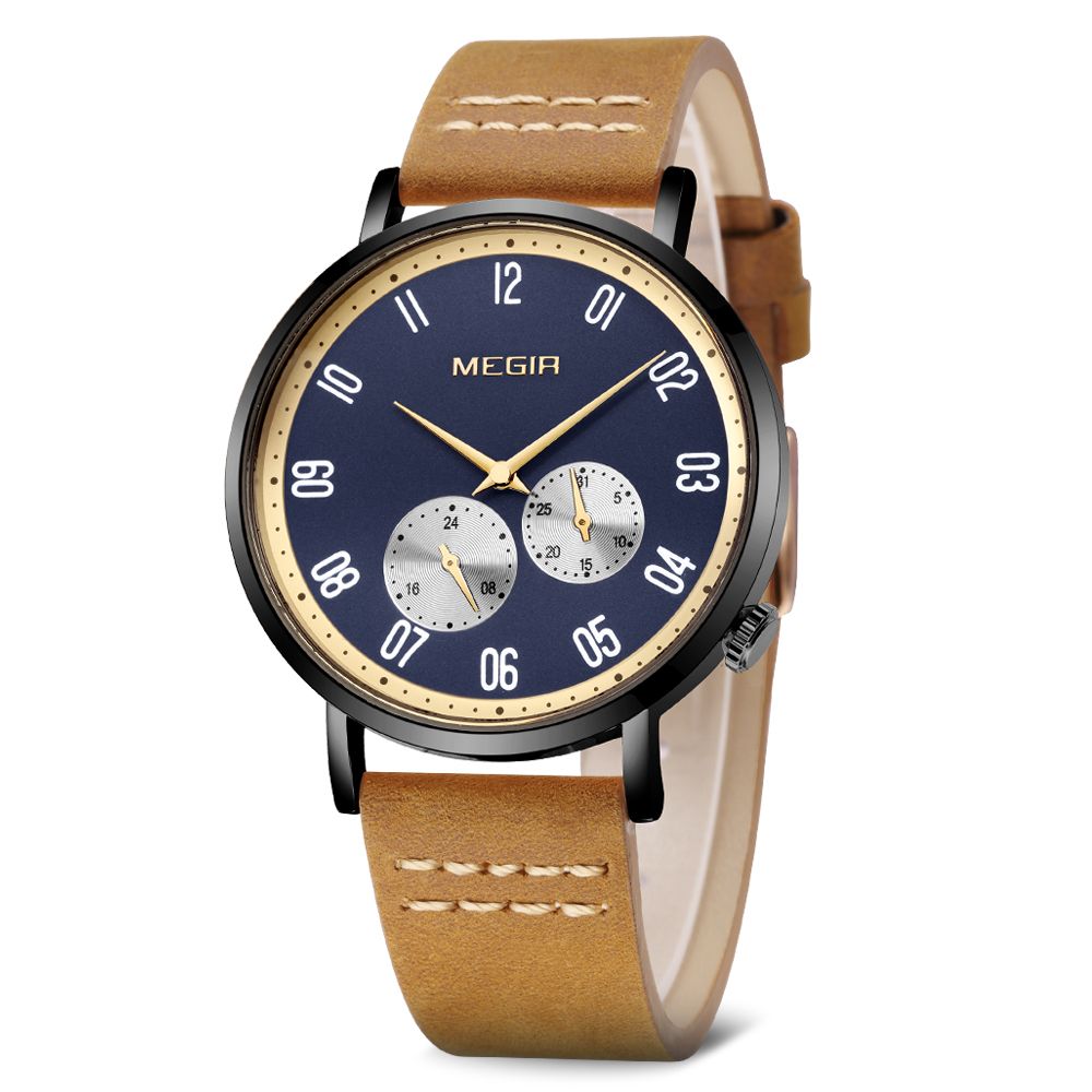 MEGIR 1083 men's multifunction watch, navy dial with gold-tone ring, black case and brown strap, three-quarter view
