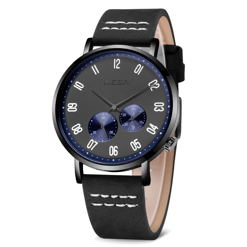 MEGIR 1083 men's multifunction watch, grey dial with blue sub-dials, black case and black strap, angled view