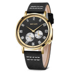 MEGIR 1083 men's multifunction watch, black dial, gold-tone case and black leather strap, three-quarter view