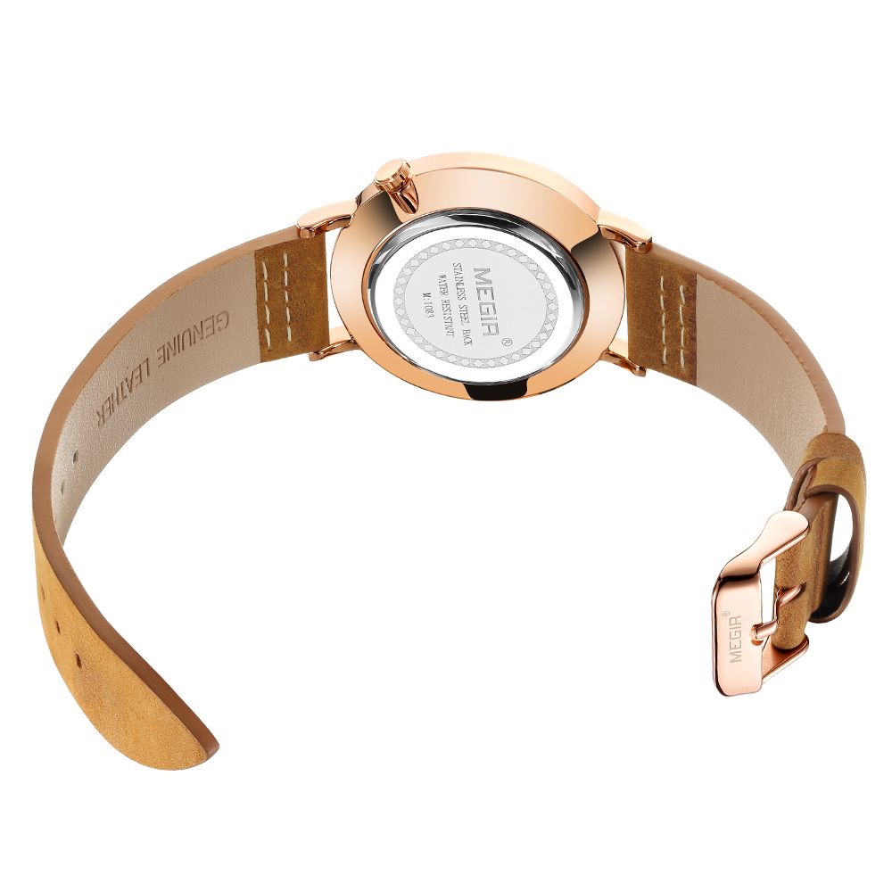 MEGIR 1083 men's multifunction watch case back and strap buckle shown from the reverse over a brown strap