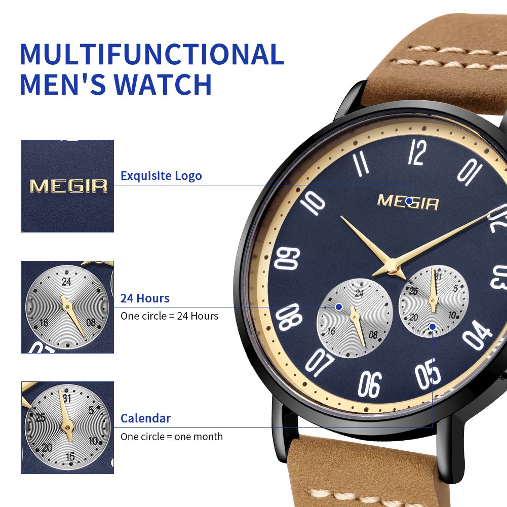 MEGIR 1083 men's multifunction watch graphic highlighting the logo, 24-hour sub-dial and calendar sub-dial