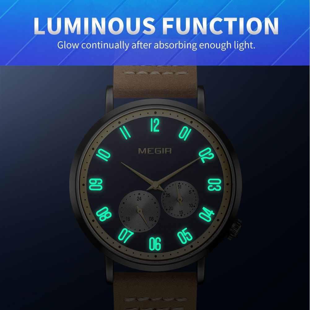 MEGIR 1083 men's multifunction watch feature graphic showing luminous numerals glowing in the dark