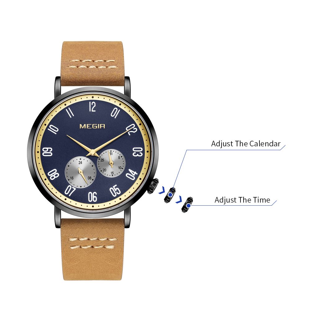 MEGIR 1083 men's multifunction watch graphic showing how the crown adjusts the time and calendar