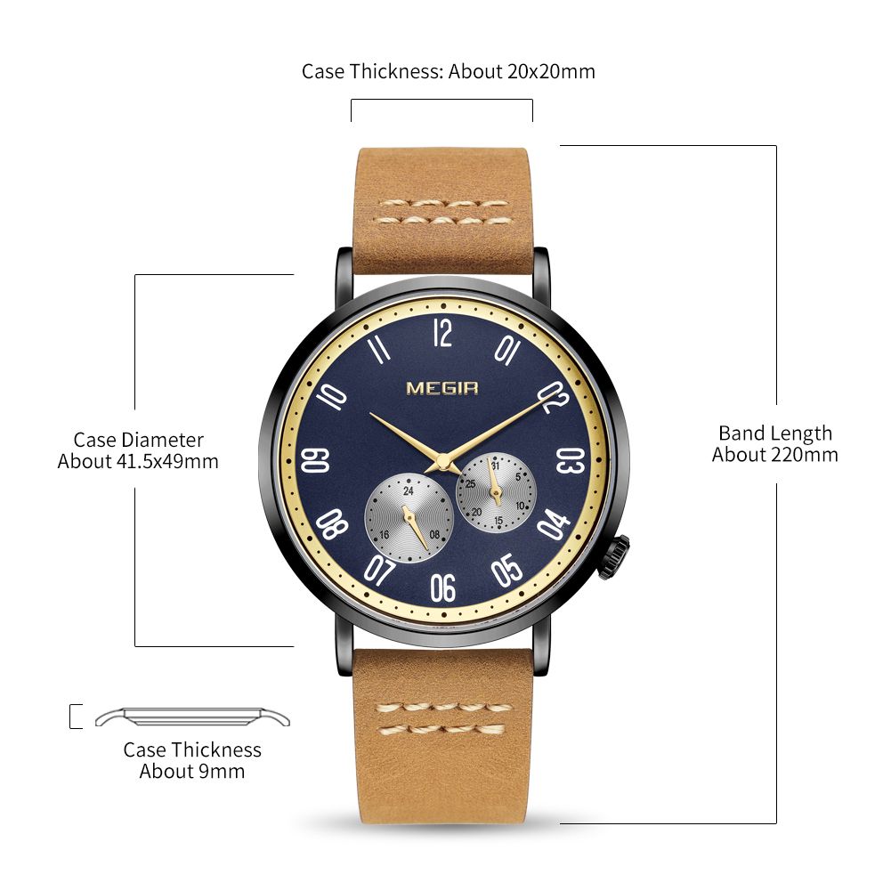MEGIR 1083 men's multifunction watch product size graphic with case, band and thickness dimensions