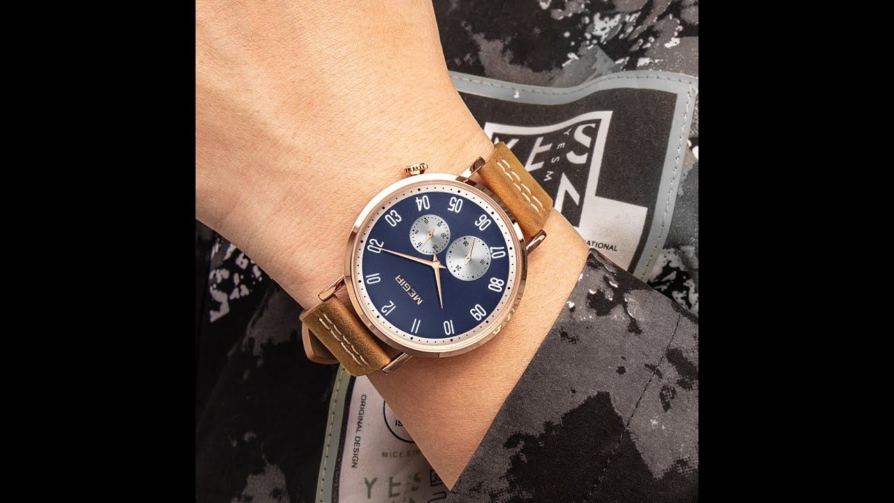 MEGIR 1083 men's multifunction watch product video thumbnail, rose-gold watch with navy dial on the wrist