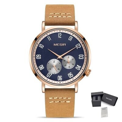 MEGIR 1083 men's multifunction watch, navy dial with 24-hour and calendar sub-dials, rose-gold case on a brown strap