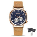MEGIR 1083 men's multifunction watch, navy dial with 24-hour and calendar sub-dials, rose-gold case on a brown strap