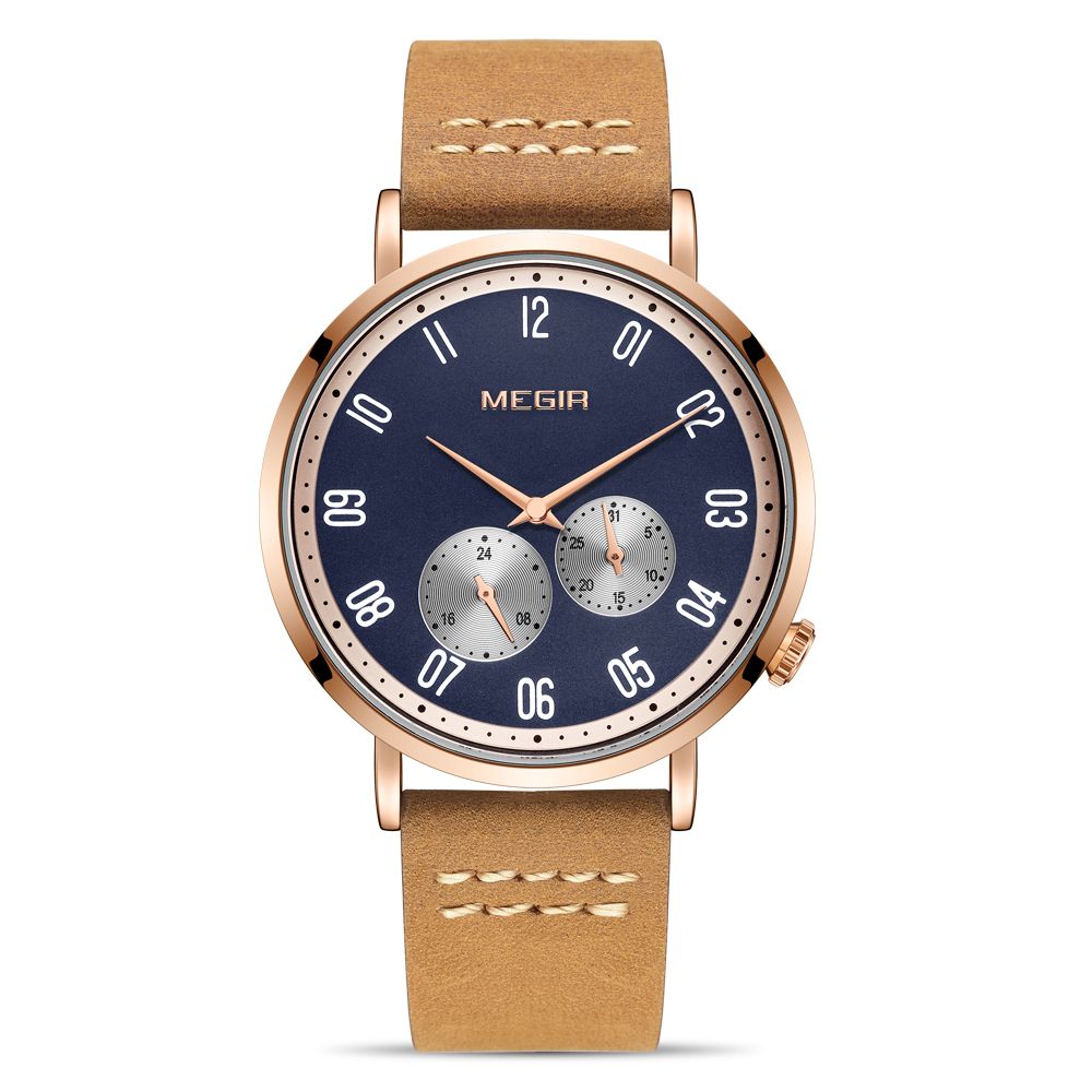 MEGIR 1083 men's multifunction watch, navy dial, rose-gold case and brown leather strap, front studio view