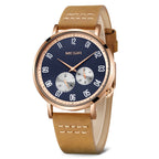 MEGIR 1083 men's multifunction watch, navy dial and rose-gold case on a brown leather strap, angled view