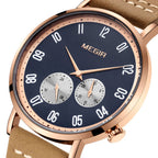 MEGIR 1083 men's multifunction watch, navy dial, rose-gold case and brown leather strap, three-quarter view