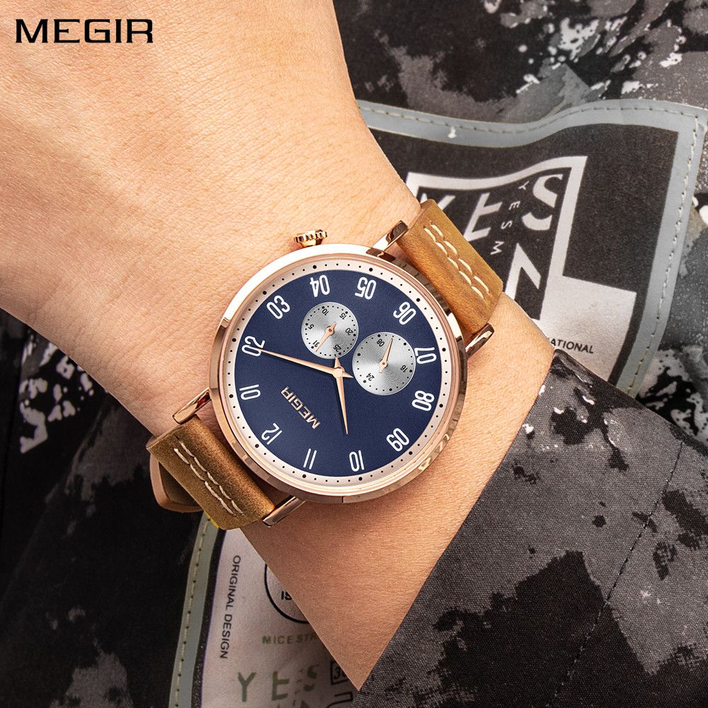 MEGIR 1083 men's multifunction watch on the wrist, navy dial, rose-gold case and brown leather strap