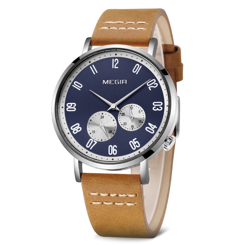 MEGIR 1083 men's multifunction watch, navy dial, silver-tone case and brown leather strap, three-quarter view