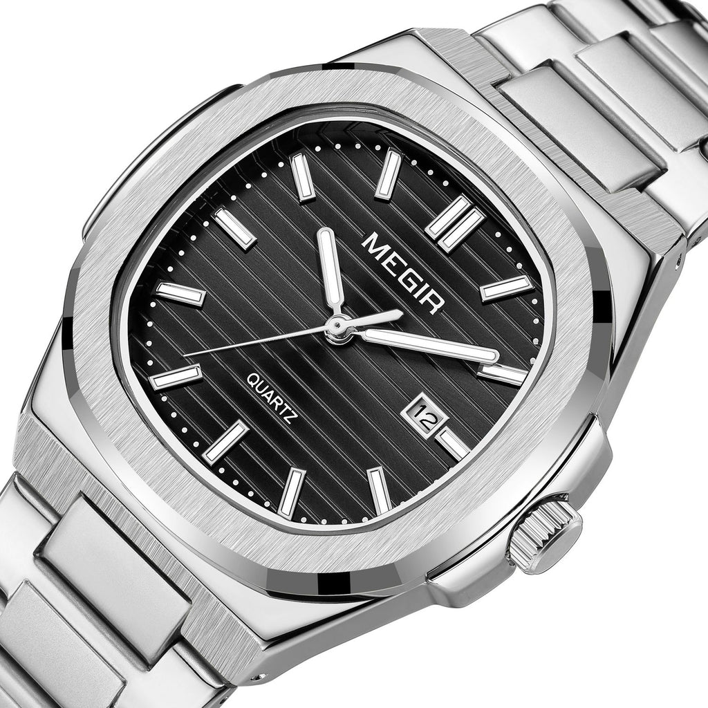 MEGIR 1084 women's watch, black grooved dial and octagonal bezel on a silver-tone bracelet, three-quarter view