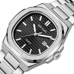 MEGIR 1084 women's watch, black grooved dial and octagonal bezel on a silver-tone bracelet, three-quarter view